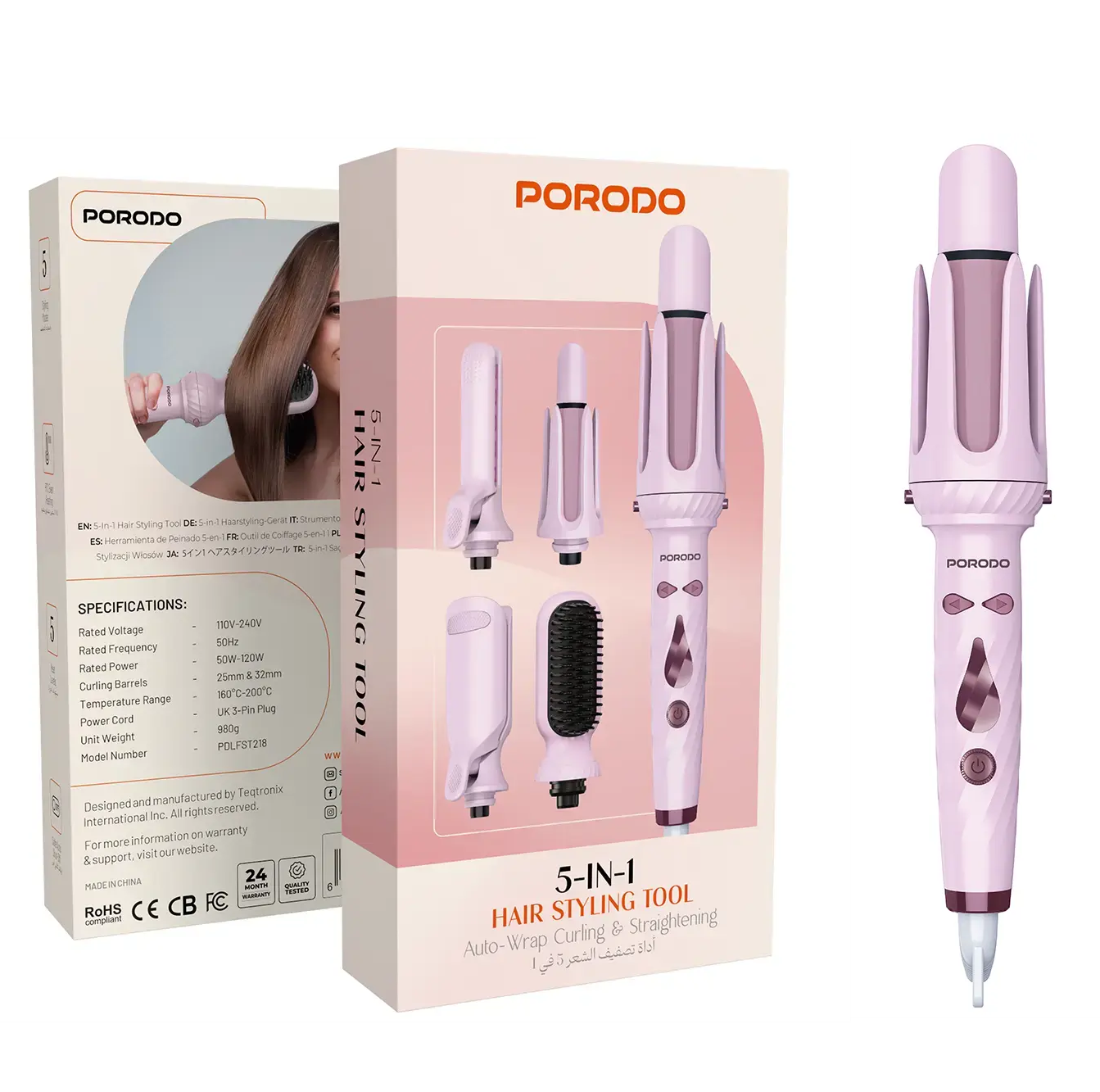 Porodo 5-In-1 Hair Styling Tool with Auto-Wrap Curling & Straightening
