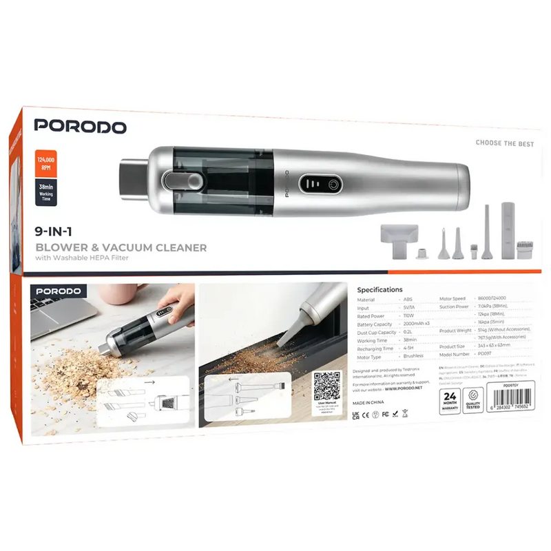 Porodo 9-In-1 Blower & Vacuum Cleaner with Washable HEPA Filter-9