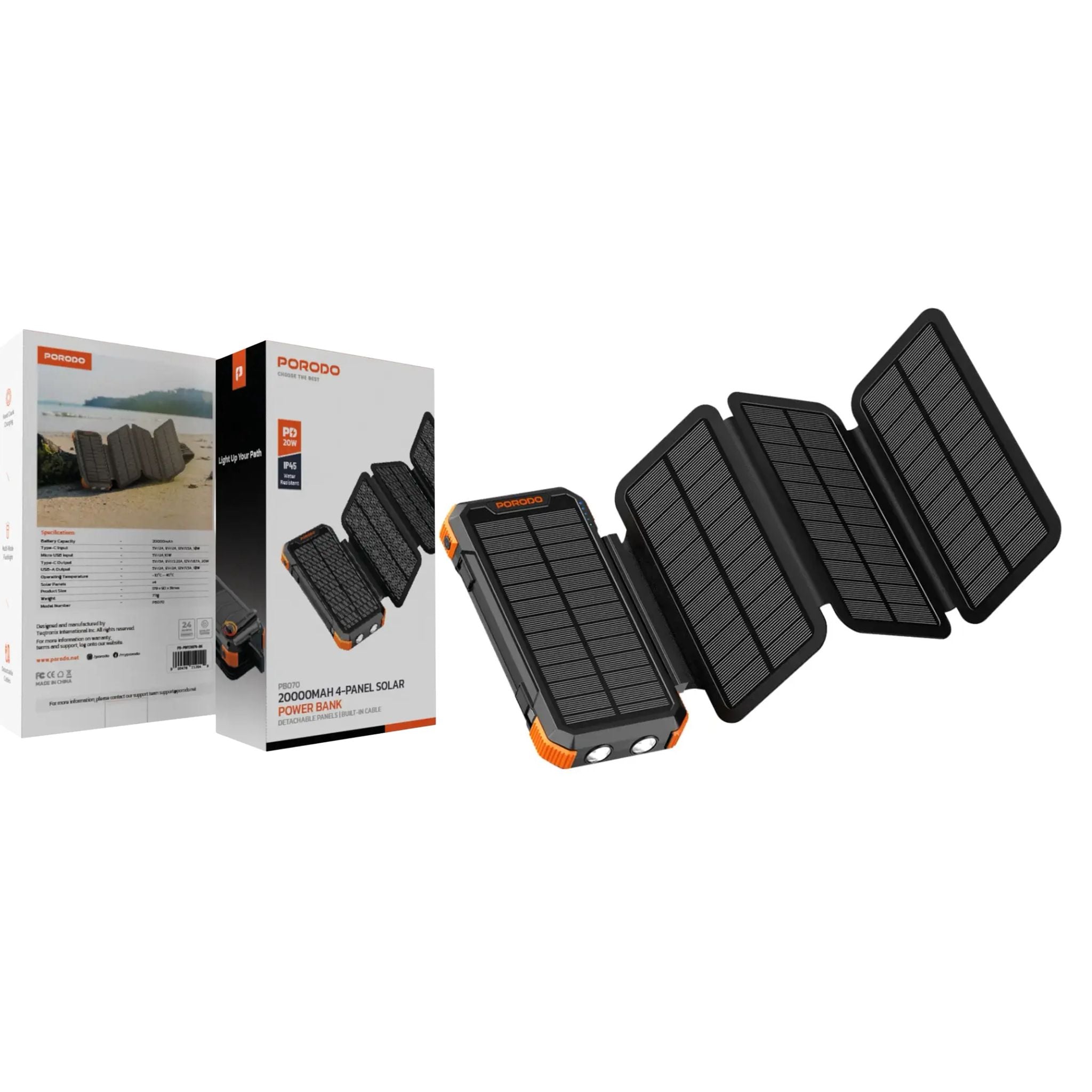 Porodo Solar Power Bank 20000mAh with Four Panels