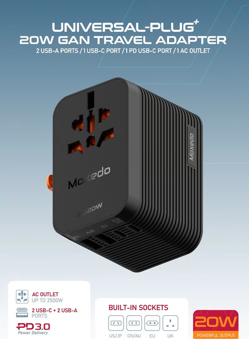 Moxedo Universal Plug + 20W GaN Travel Adapter with AC Outlet, 2 USB-A & 2 USB-C Ports-2